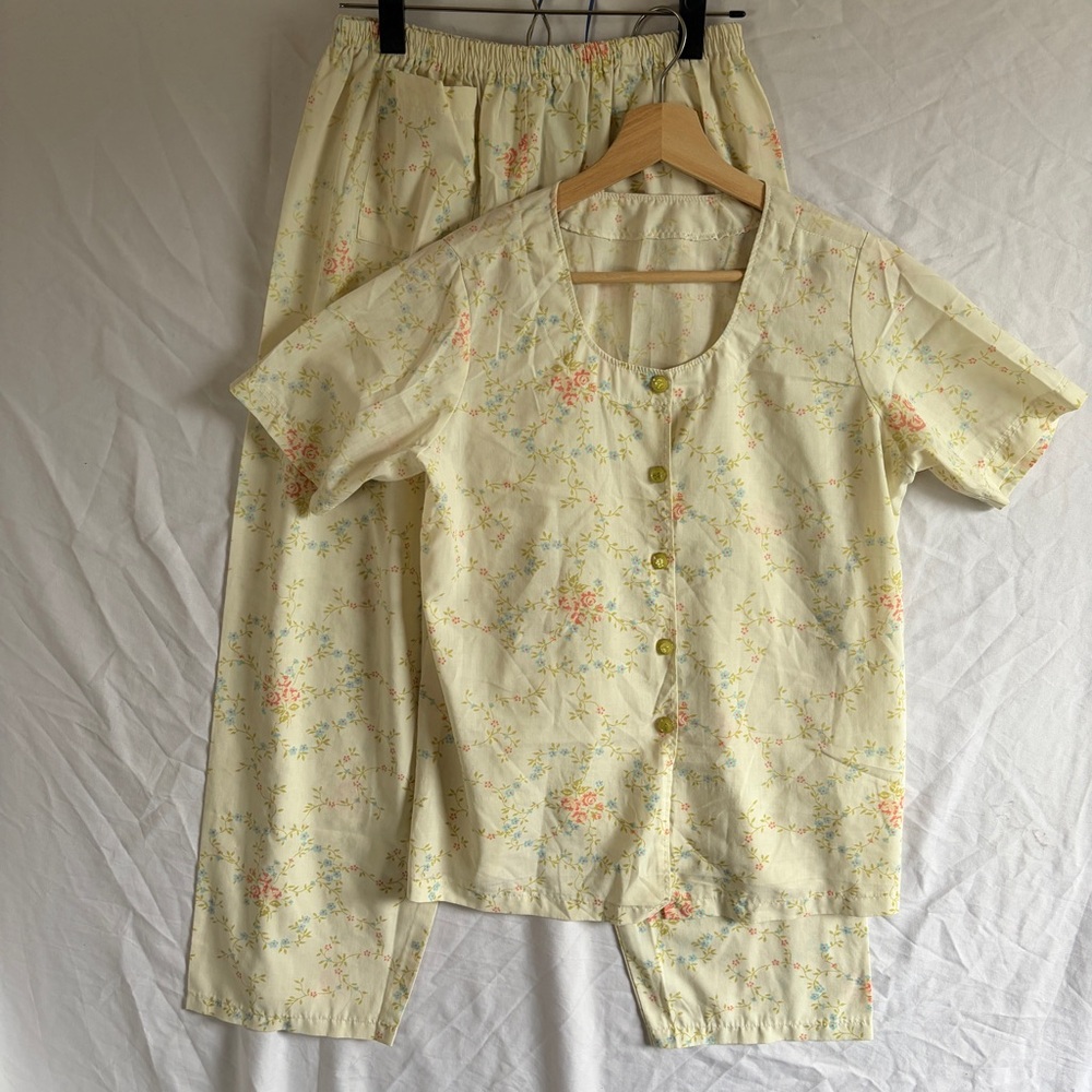 Vintage 70s Handmade Yellow Floral Pajama Set